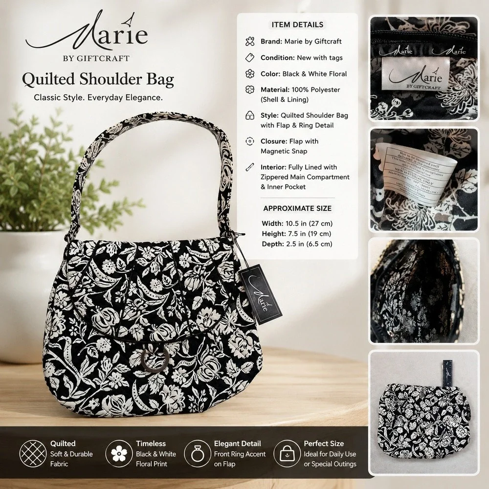 Marie by Giftcraft Black White Floral Quilted Shoulder Bag Flap Purse NWT